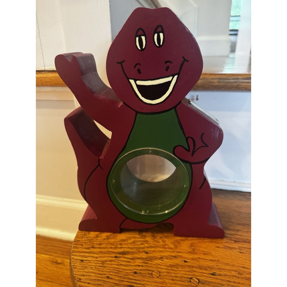 Vintage Barney The Dinosaur Handpainted Wooden Coin Bank From A Kit‎ 90s DIY
